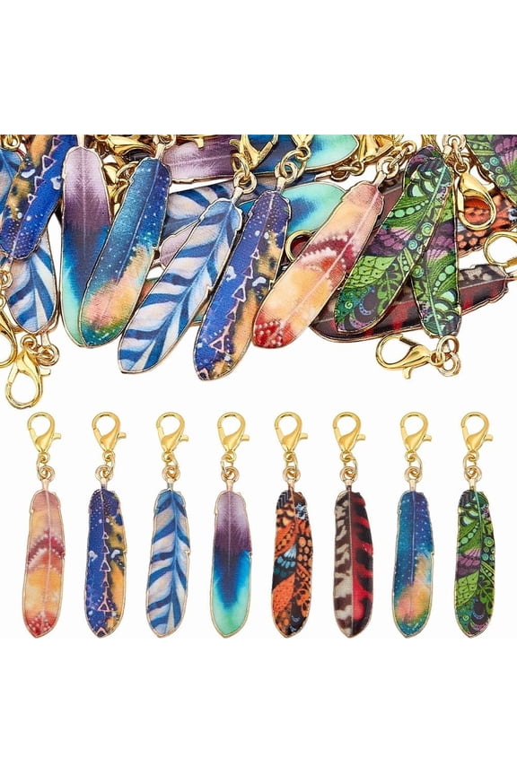 PH 32pcs 8 Colors Feather Charms 2 Inch Feather Keychain Printed Enamel Feather Pendants with Lobster Claw Clasps for Jewelry Making Dreamcatcher DIY Crafts Home Decor Colorful DIY