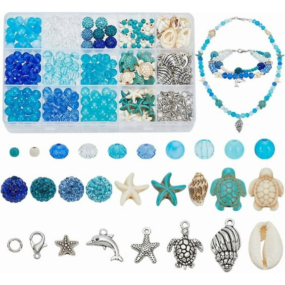PH 392pcs Blue Turtle Beads for Bracelet 21 Style Turquoise Shell Starfish Bead 8mm Summer Ocean Beach Glass Necklace Earring Jewelry Making and DIY Craft Hanukkah Colorful