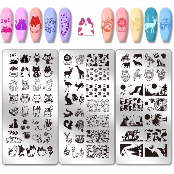 PH 3pcs Animals Nail Art Templates Cats Lion Tiger Nail Stamping Plate Wild Creatures Art Stencils Stainless Steel Image Plates for Women Nail Design Print Manicure Salon Multi-color
