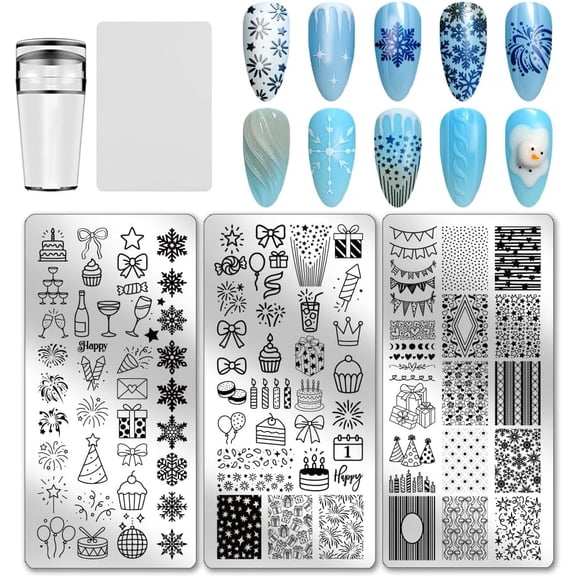 PH 3pcs Christmas Nail Stamping Plate Snowflake Nail Art Templates Cake Gift Fireworks Stencils Stainless Steel Image Plates Tool for Birthday Christmas Thanksgiving Holiday Winter Red