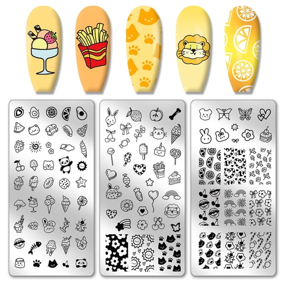 PH 3pcs Cute Nail Stamping Plates Cartoon Pictures Nail Stamper Dessert Ice Cream Cute Animals Nail Art Stencils Stainless Steel Nail Image Plates