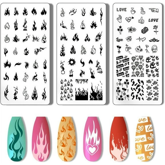 PH 3pcs Fire Nail Stamping Plate Nail Stamper Heart Nail Art Stencils Template Tip Nail Stencils Stainless Steel Nail Image Plates for Nail Art Decoration Design Manicure Salon for DIY