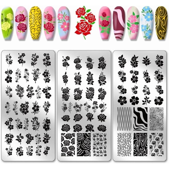 PH 3pcs Flower Branches Pattern Nail Stamp Plate Rose Pattern Nails Stencils Stainless Steel Nail Image Plate Flowers Print Art Template for Women DIY Printing 4.7x2.3 inch