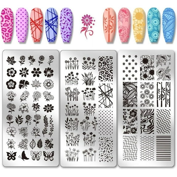 PH 3pcs Flower Nail Stamp Template Flower with Foliage Nail Art Plate Stainless Steel Flowers Pattern for Nail Design Print Manicure Salon Colorful