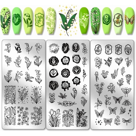 PH 3pcs Flower Nail Stamping Plates Floral Butterfly Nail Art Templates Plant Rose Nail Art Stencils Stainless Steel Nail Image Plates for Women Nail Design Print Manicure Salon Multi-color DIY