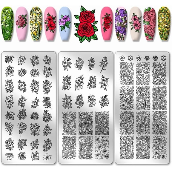 PH 3pcs Flowers Nail Stamping Plates 68 Patterns Floral Rose Nail Art Templates Plant Nail Art Stencil Stainless Steel Nail Image Plates for Women Nail Design Print Manicure Salon Spring Multi-color