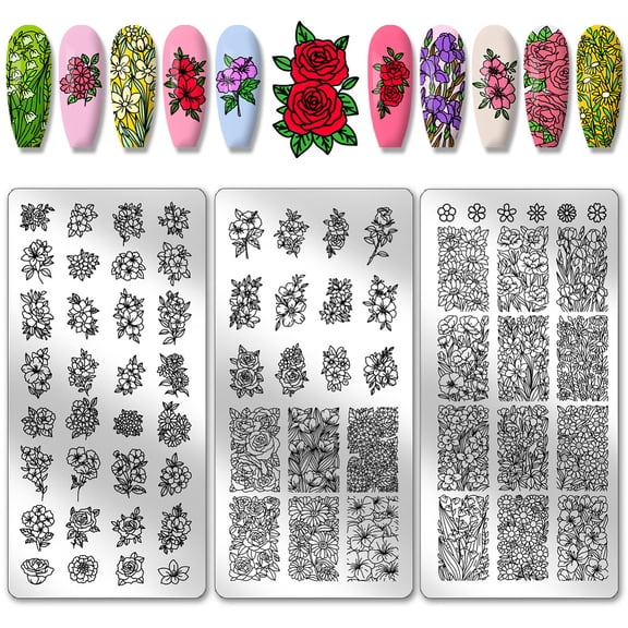PH 3pcs Flowers Nail Stamping Plates 68 Patterns Floral Rose Nail Art Templates Plant Nail Art Stencil Stainless Steel Nail Image Plates for Women