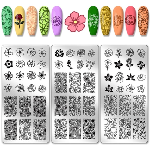 PH 3pcs Flowers Nail Stamping Plates Plants Nail Art Templates Mixed Floral Rose Nail Art Stencil Stainless Steel Nail Image Plates for Women Nail