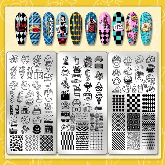 PH 3pcs Food Theme Nail Stamping Plates Dessert Nails Art Stencils Retro Restaurant Manicure Art Templates Cake Ice Cream Nails Image Plates for Women Manicures Salon Design DIY Supplies Gray