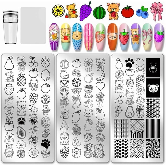 PH 3pcs Fruit Theme Nail Stamping Plates Cute Bear Nails Art Stencils Strawberry Pineapple Cherry Nails Image Plates Bows Heart Manicure Art Templates for Women DIY Printing Manicures Salon