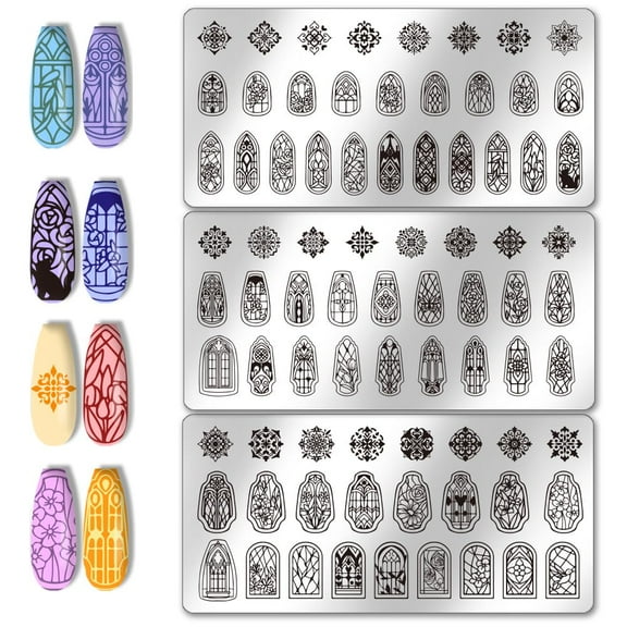 PH 3pcs Glass Window Nail Art Templates 79 Patterns Flower Window Mini Flower Nail Stamping Plate Nail Art Stencils Stainless Steel Plates for Nail Design Print Manicure Salon Colorful