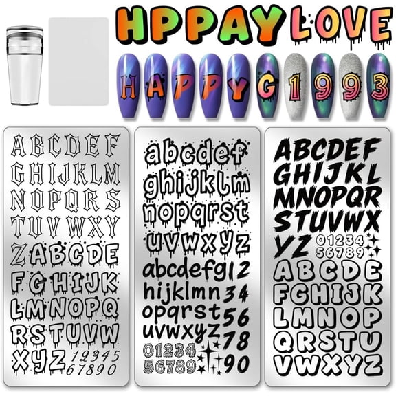 PH 3pcs Graffiti Letter Nail Stamp Plate Initial Letter Print Art Template Stainless Steel Nail Image Plate Letters Pattern Nails Art Stencils for Women DIY Printing 4.7x2.3 inch Colorful