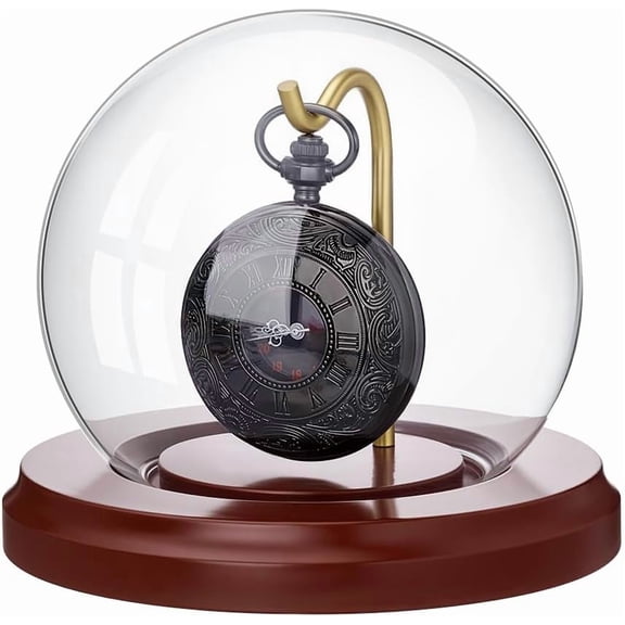 PH 4.4x3.7 inch Pocket Watch Display Dome Cloche with Metal Hook Watch Display Jar with Wood Base Decorative Glass Display Dome Showcase for Pocket Watch Medals Collectibles Photos Ornament for DIY