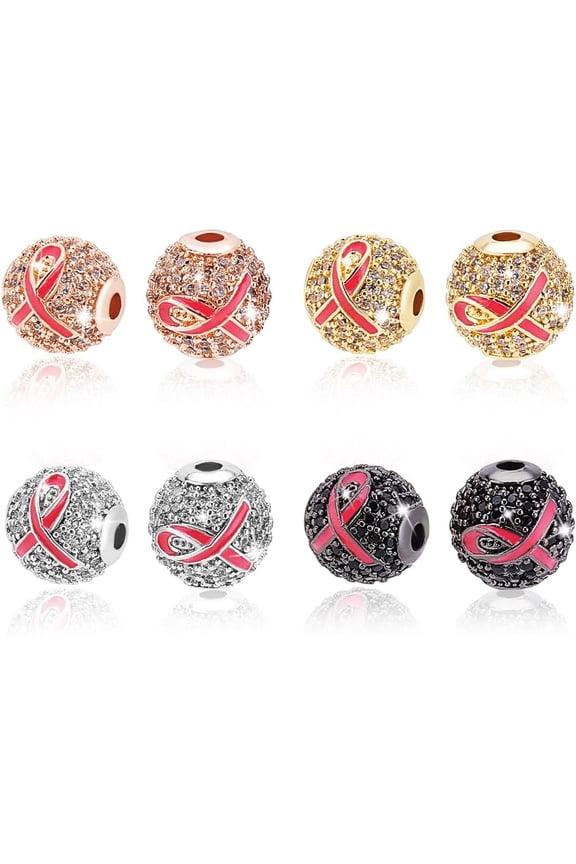 PH 4 Colors 8pcs Rhinestone Beads 10mm Cubic Zirconia Beads Breast Cancer Awareness Charms Spacer Beads Glitter Diamond Craft Beads Pink Ribbon Beads Charms for Jewellery Making colorful DIY