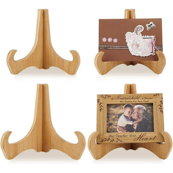 PH 4 Pack Bamboo Plate Stands for Display 6/8 Inch Plate Holders Picture Frame Stand Recipe Book Holder Cookbook Stands for Card Kitchen Counter Platter Dish Book Photo and Plaques BurlyWood
