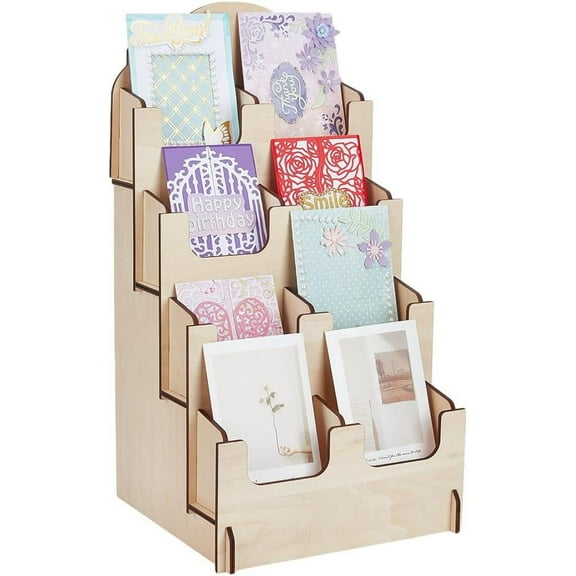 PH 4-Tier Card Display Stand Greeting Card Holder Riser Stickers Holder Wooden Display Rack Display Rack Brochures for Show 17.7x9x9.5 inch