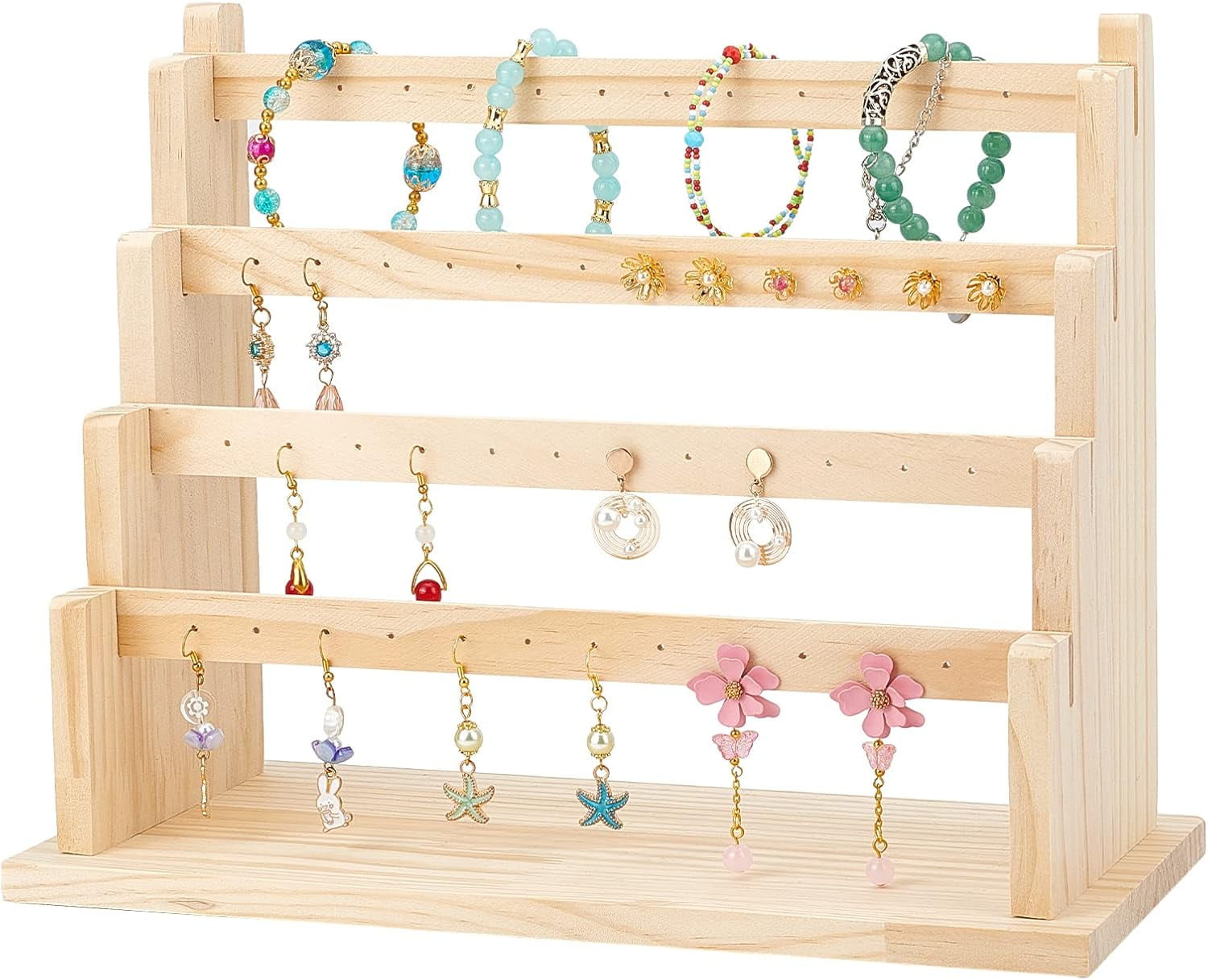 PH 4 Tier Jewelry Display Stand 48 Holes Wood Earring Holder Ear Stud Display Rack Dangle Earring Organizer Jewelry Hanging Holder Stand for Woman Earring Ear Stud Necklace Bracelets for DIY