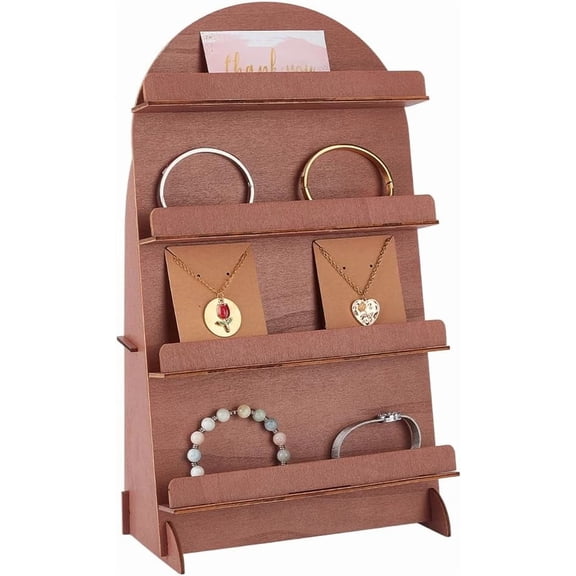 PH 4-Tier Wooden Jewelry Display Stand Earring Card Displays Holder Bracelets Removable Showcase Necklaces Stands Rack with Slots for Selling Retail Craft Jewelry Showing Exhibition Camel