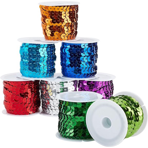 PH 40 Yards 8 Color Flat Sequin Strip 6mm Sparkle Flat Sequins Trim Paillette Spool String Shiny Trim Sewing String for Dress Embellish Headband Sports Costume Multi-color