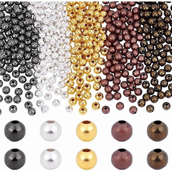 PH 400Pcs 5 Colors Spacer Beads 5mm Mini Smooth Round Beads Seamless Ball Beads Small Brass Loose Beads Metal Beads for Summer Hawaii Layered Necklace Bracelet Jewelry Making colorful