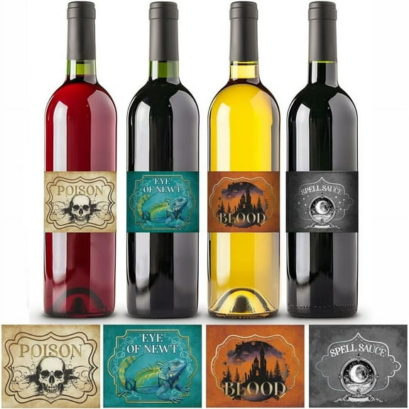 PH 40Pcs Wine Bottle Labels Wine Labels Potion Bottle Labels Stickers Decorations 4 Styles Element Drink Adhesive Stickers for Wine Bottle Decoration 3.35x4.02inches colorful