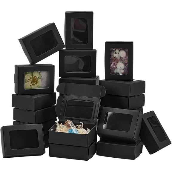 PH 40pcs Small Gift Box with Window Black Paper Boxes Foldable Chocolate Cookies Candy Box Soap Packaging Boxes for Wedding Bakery Jewelry Display Present 2.6x3.6x1.2 inch Black