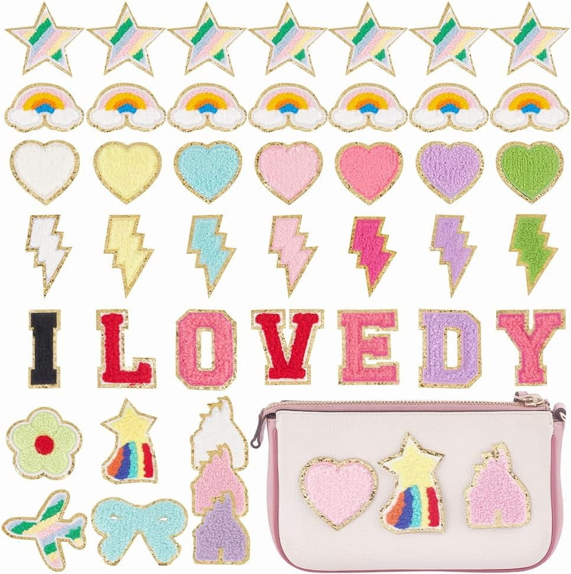 PH 42pcs Chenille Patches Chenille Iron on Embroidered Patches Cute Self Adhesive Letter Patches Heart Patches Stick on Fabric Patches for Clothing Jacket Hat DIY Backpack Repair Decor Colorful