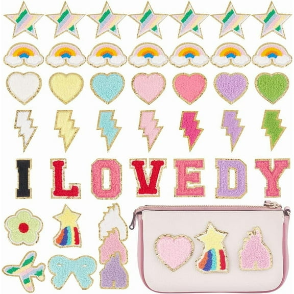 PH 42pcs Chenille Patches Chenille Iron on Embroidered Patches Cute Self Adhesive Letter Patches Heart Patches Stick on Fabric Patches for Clothing Jacket Hat DIY Backpack Repair Decor Colorful