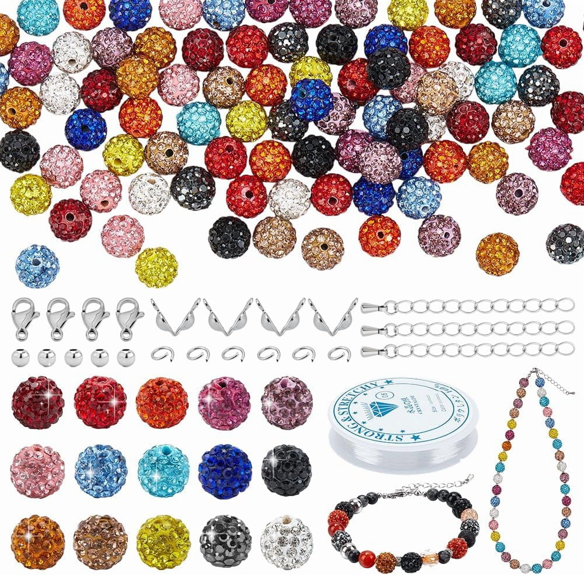 PH 440pcs 15 Colors Rhinestone Beads Kit 10mm Shiny Beads Clay Disco Ball Beads with Stainless Steel Spacer Beads Clasp String Jewelry Findings for Necklace Bracelet Jewelry Making Colorful