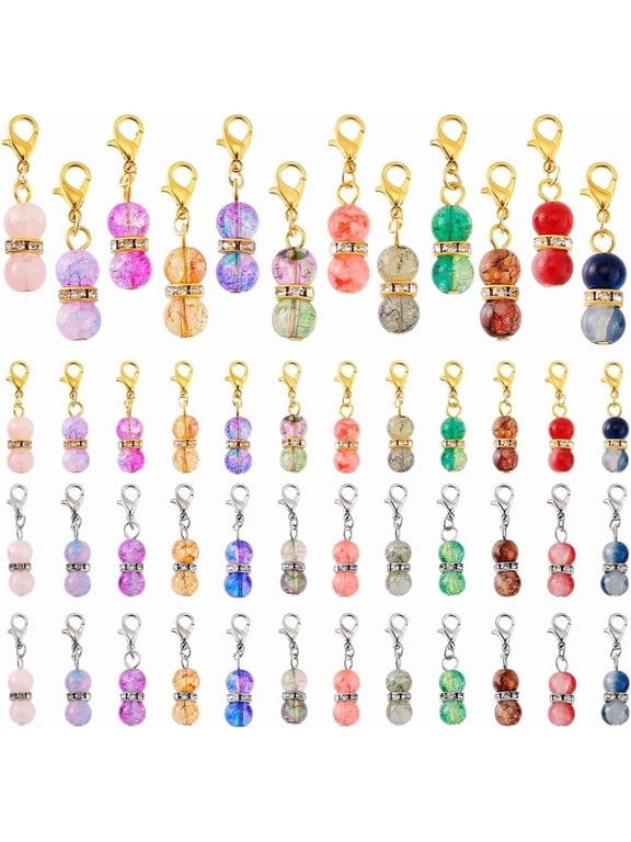 PH 48pcs 12 Colors Round Bead Dangle Charms 1.3 Inch Pendant Glass Beads with Golden/Silver Lobster Claw Clasps Dangle Pendants for Jewelry Keychain Stitch Markers Making Colorful