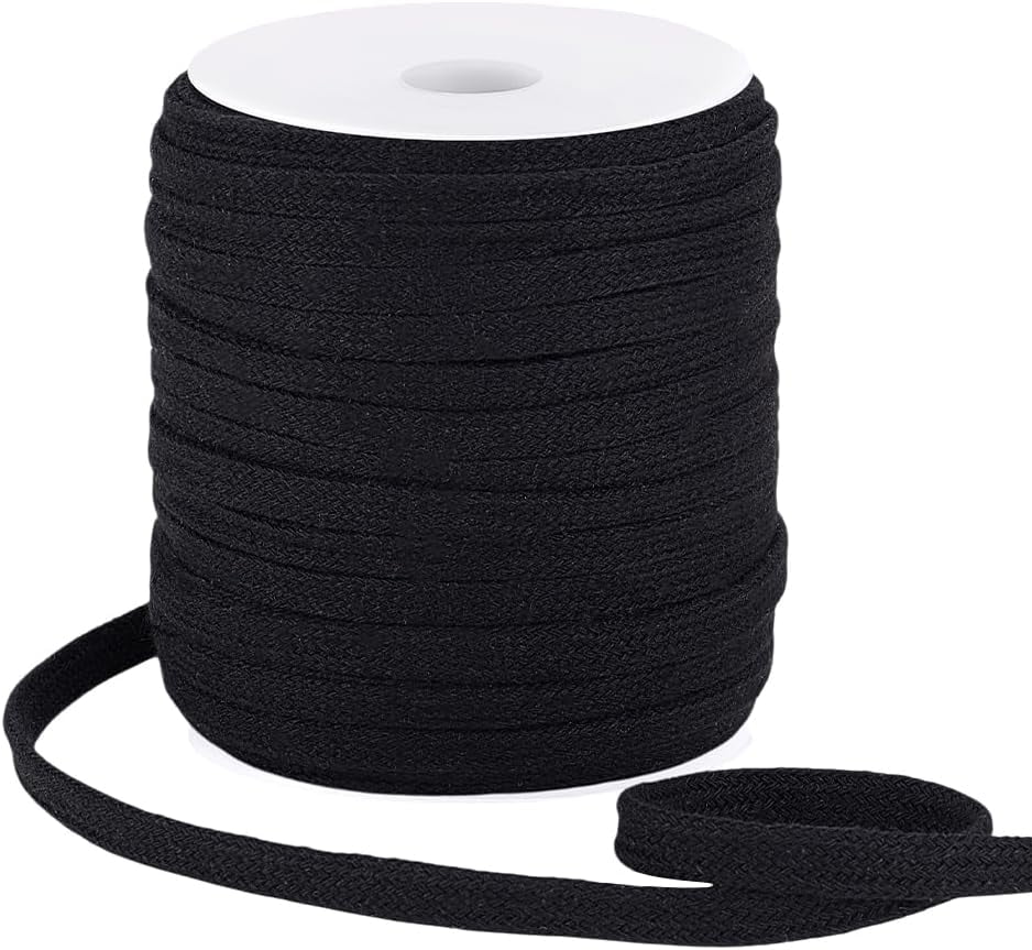PH 49 Yards Flat Drawstring Cord 3/8 Inch Black Piping Cords Replacement Cotton Cord Rope Cording Macrame Rope Corset Strings for Sweatpants Garment Pants Coats Bags Trunks Jackets Black
