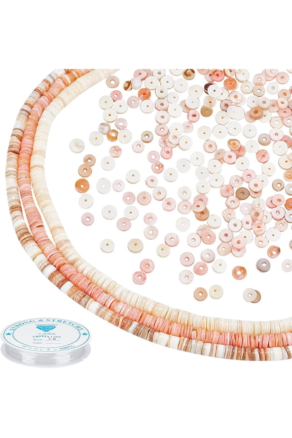 PH 495~516pcs Natural Shell Beads 5~6mm Heishi Beads Puka Shells Bead Flat Seashell Beads with 4.9 Yard 1mm Elastic Thread for Necklace Bracelet Anklet Choker Jewelry Making for DIY