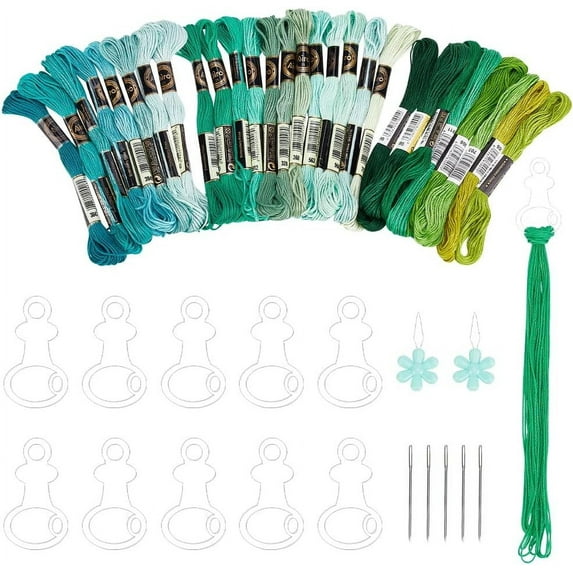 PH 49pcs Green Sewing Threads Kit Embroidery Floss Embroidery Skein Threads Embroidery Floss Drop with Needles and Needle Devices Embroidery Kit for Bracelets DIY Embroidery Thread Crafts Mixed Color