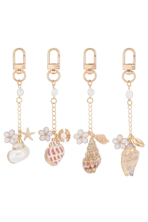PH 4Pcs Beach Keychain Pearl Shell Bag Charms Gold Purse Keychain Charms Summer Keychains Decor with Flower Pearl Seashell Keychains