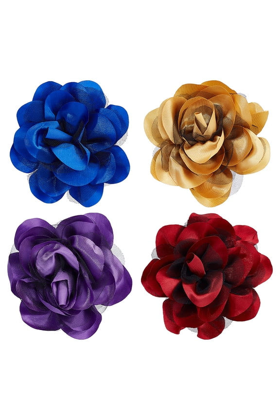 PH 4pcs 3D Flower Brooch 4 Colors Big Rose Flower Brooch Pin 4.3-4.7 inch Satin Fabric Safety Pin Brooches Flowers Clips Hairpin Brooches