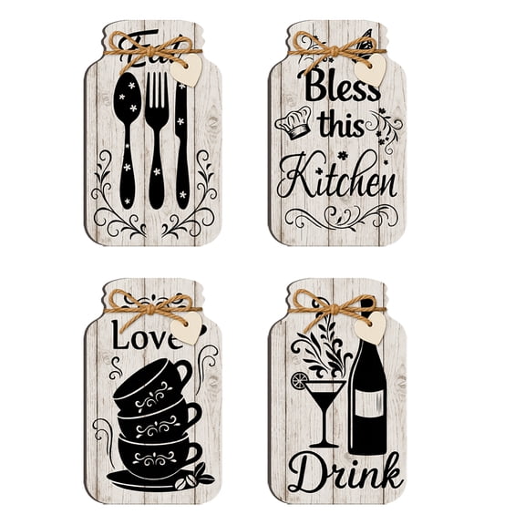 PH 4pcs Kitchen Wall Decor Eat Drink Love Less This Kitchen Wood Sign Jar Shaped Kitchen Wall Hanging Plaques Rustic Home Decor Farmhouse Board