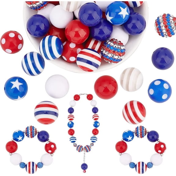 PH 4th of July Beads 50pcs Bubblegum Beads 20mm Chunk Pen Beads Patriotic Beads Blue Red Beads Acrylic Stripe Beads Large Beads for Flag Day Garland Sports Jewelry Making Blue
