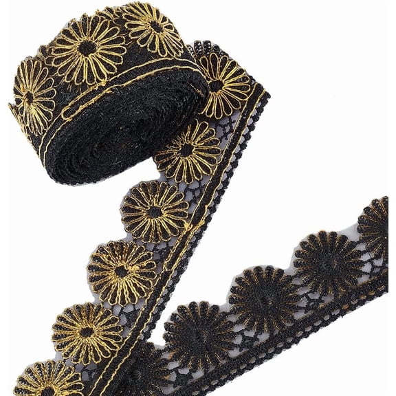 PH 5 Yards/5m Jacquard Ribbon 1-1/8~2 inch Daisy Embroidery Ribbons Gold Woven Ribbon Boho Sewing Ribbon Floral Fringe Trim for Ramadan Clothing Embellishment Decoration Black