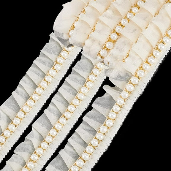 PH 5 Yards White Ruffle Pearl Trim Chiffon Lace 1.2 inch Pleated Lace Ribbon Organza Fabric Lace Edge Trim Beaded Ribbon for Sewing Wedding Dress Home Deco Skirts Gift Wrapping White