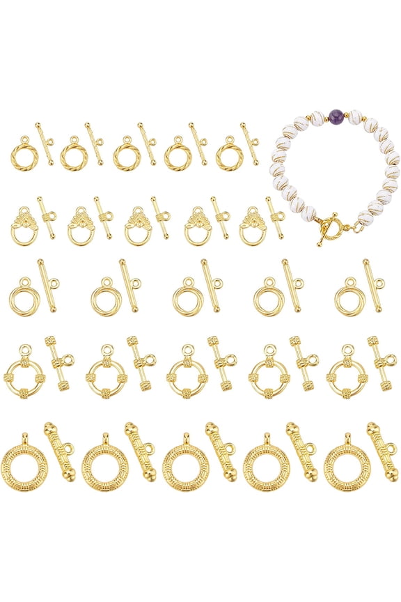 PH 50 Sets 14K Gold Toggle Clasps Flower Ring T-Bar Jewelry Clasps Tibetan Style Closure Gold Filled Clasp for Necklace Bracelet Jewelry Making DIY Craft 5 Styles for DIY