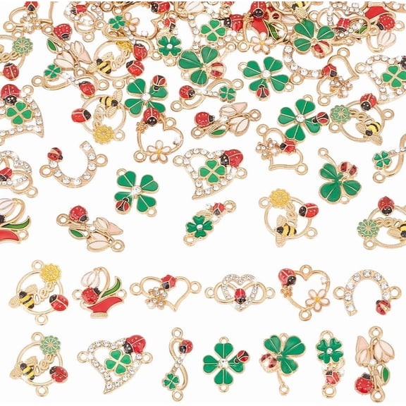 PH 52Pcs 13 Styles Ladybug Charms Colorful Alloy Enamel Ladybug Pendant with Flower Leaf Rhinestone Charms for Jewelry Bracelets Necklace Earrings Making DIY Craft Supplies for DIY