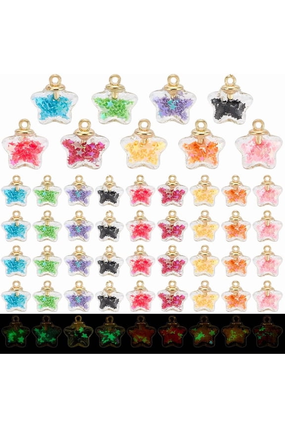 PH 54pcs 9 Colors Glass Ball Charms Star Charms Luminous Star Pendants Glow in the Dark Pendants for Jewelry Making Bracelet Dangle Charm DIY Crafts 17X19mm Multi-color