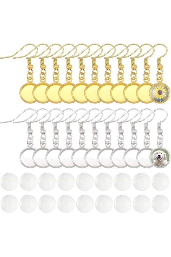 PH 56pcs Earring Bezel Blanks Ear Wire Hook Bezel Round Trays Base Dangle Earring Iron Earring Tray Bezel With 60pcs Glass Cabochons for Earring Making Fit 10mm Cabochons Platinum Golden
