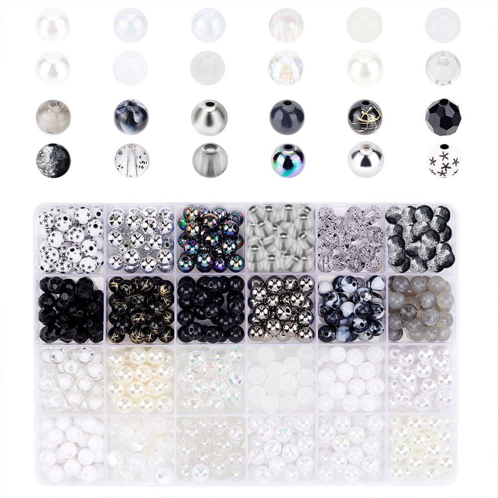 PH 576pcs 8mm Black Beads 24 Styles Acrylic Glass Beads Loose Beads Opaque Beads Pearl Beads Gemstone Beads for Bracelet Earring Eid Mubarak Ramadan Jewelry Making colorful