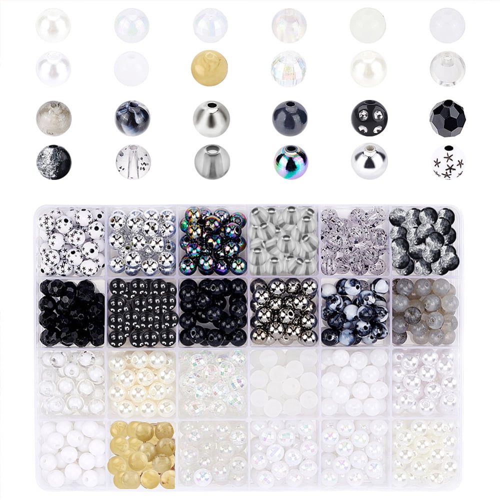 PH 576pcs 8mm Black Beads 24 Styles Acrylic Glass Beads Loose Beads Opaque Beads Pearl Beads Gemstone Beads for Bracelet Earring Eid Mubarak Ramadan