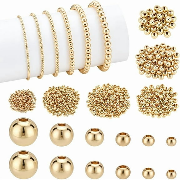 PH 590pcs 14K Gold Plated Round Beads 6 Sizes Golden Spacer Beads Seamless Ball Bead Tiny Smooth Bead for Summer Jewelry Making Craft Stackable Bracelets Necklaces Earrings 2/2.5/3/4/5/6mm Gold