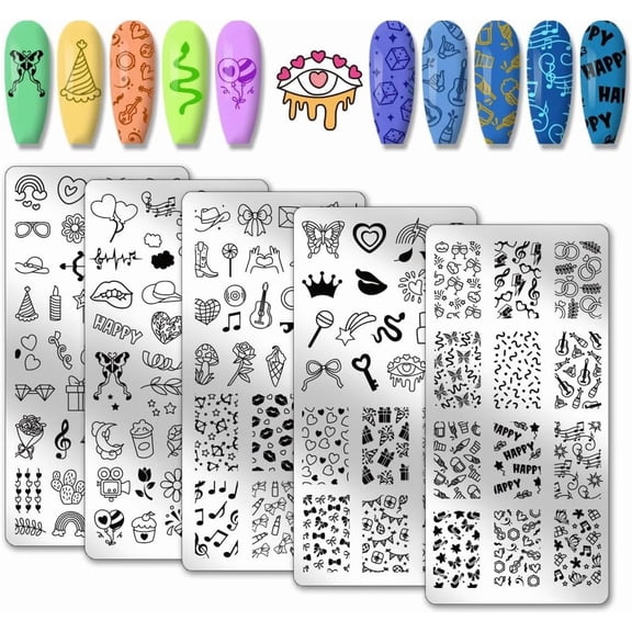 PH 5pcs Party Pattern Nail Stamping Plates Heart Nail Art Templates Music Nail Art Stencils Cute Cartoon Nail Plates Stainless Steel Nail Image Plates for Holidays Nail Design Manicure Salon Colorful