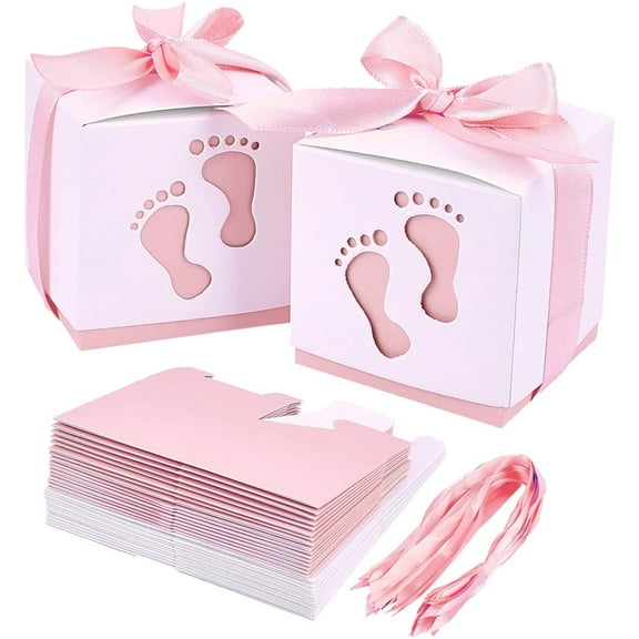 PH 60 Sets Footprints Gift Boxes Newborn Baby Shower Favor Boxes Candy Boxes Folding Boxes Pink Paper Gift Box with Ribbon for Gender Reveal Birthday Party Gift Favor 2.4 x 2.4 x 2.4 Inch for DIY