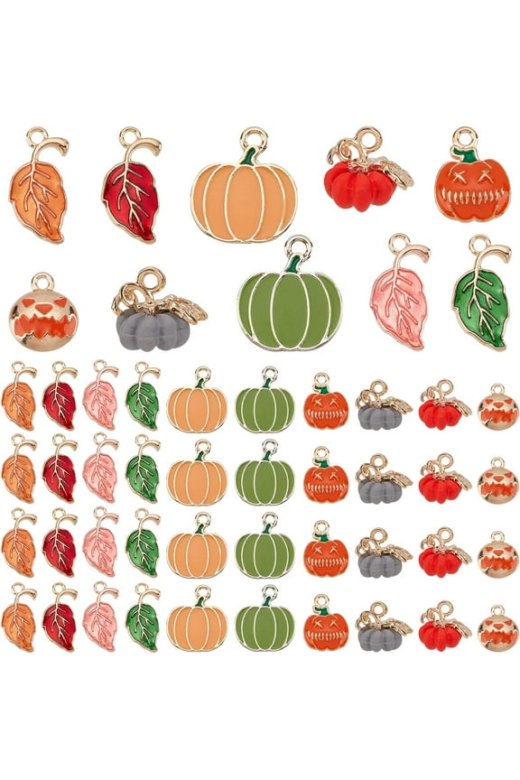 PH 60pcs 10 Styles Pumpkin Charms 3D Pumpkin Pendants Alloy Vegetable Leaf Charms Dangle Metal Pendants for Thanksgiving Fall Wearing Jewelry Earring Making DIY Crafts colorful
