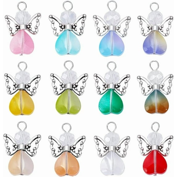 PH 60pcs Angel Wing Charms Colorful Fairy Dangle Pendants Gradient Color Heart Beads Charms Fairy Angel Pendants for Earrings Necklace Bracelet Keychain Jewelry Platinum Colorful
